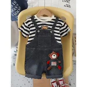 Boys' Summer Casual Set with Denim Overalls, Black and White Striped T-Shirt, and 3D Bear Toy - Comfortable Soft Outfit for Outdoor Wear, Perfect for Outdoor