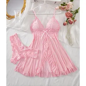 Women's Home Clothes Adjustable Shoulder Strap Floral Contrast Lace Mesh Dress with Thong Soft and Comfortable Nightgown Lingerie for Women,