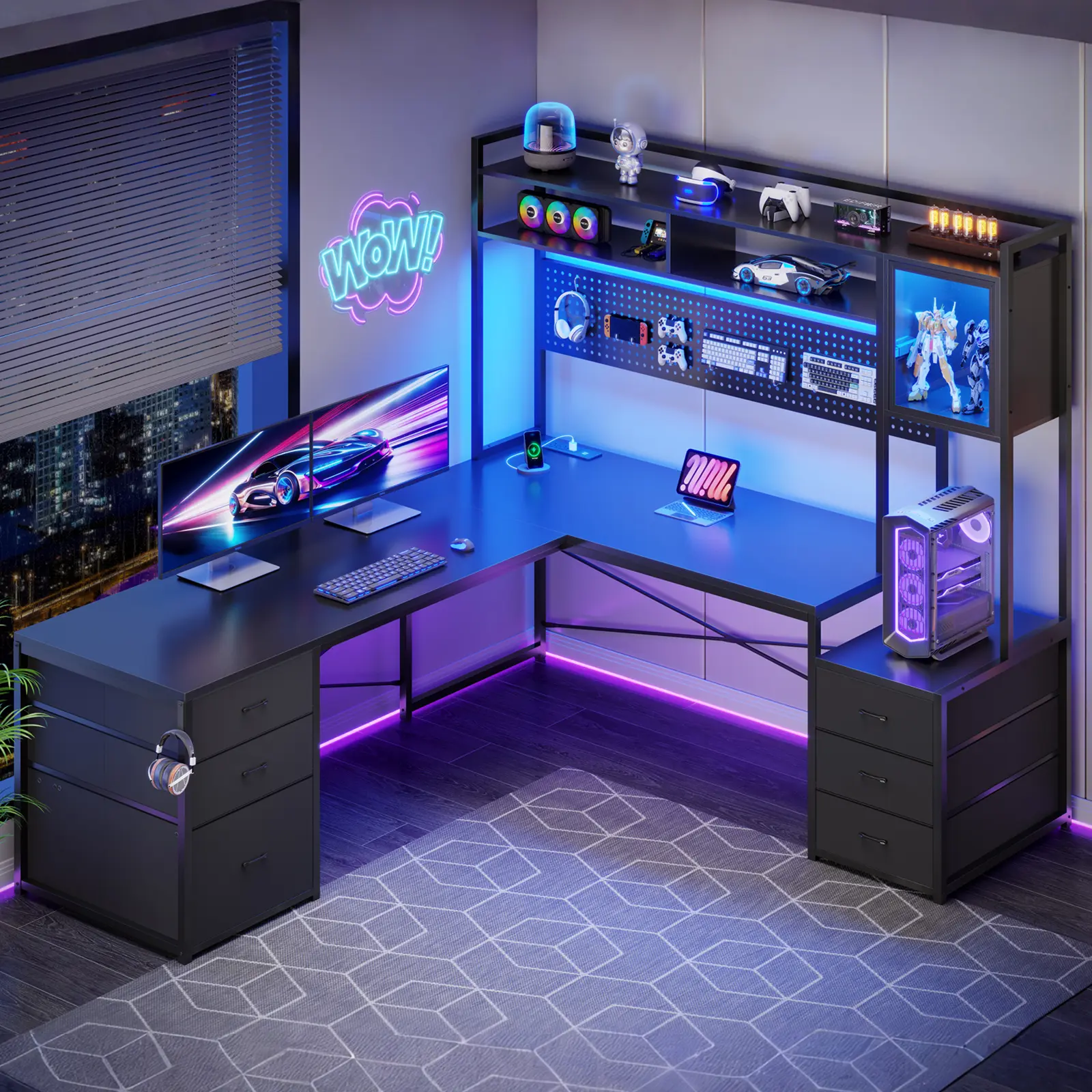 Sedeta Modern L-Shaped RGB LED Lighting Powered Gaming Desk - Wood/Metal Build, File Cabinet Drawer, Ample Storage Shelves & Hutch, Power Outlet, Reversible Layout for 2-Person Use, Powered Desk for Gamers