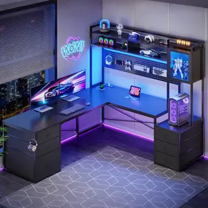 SEDETA L Shaped LED Gaming Desk with Drawers Reversible Computer Two Person Desk with File Drawer Storage Shelves Hutch Power Outlet