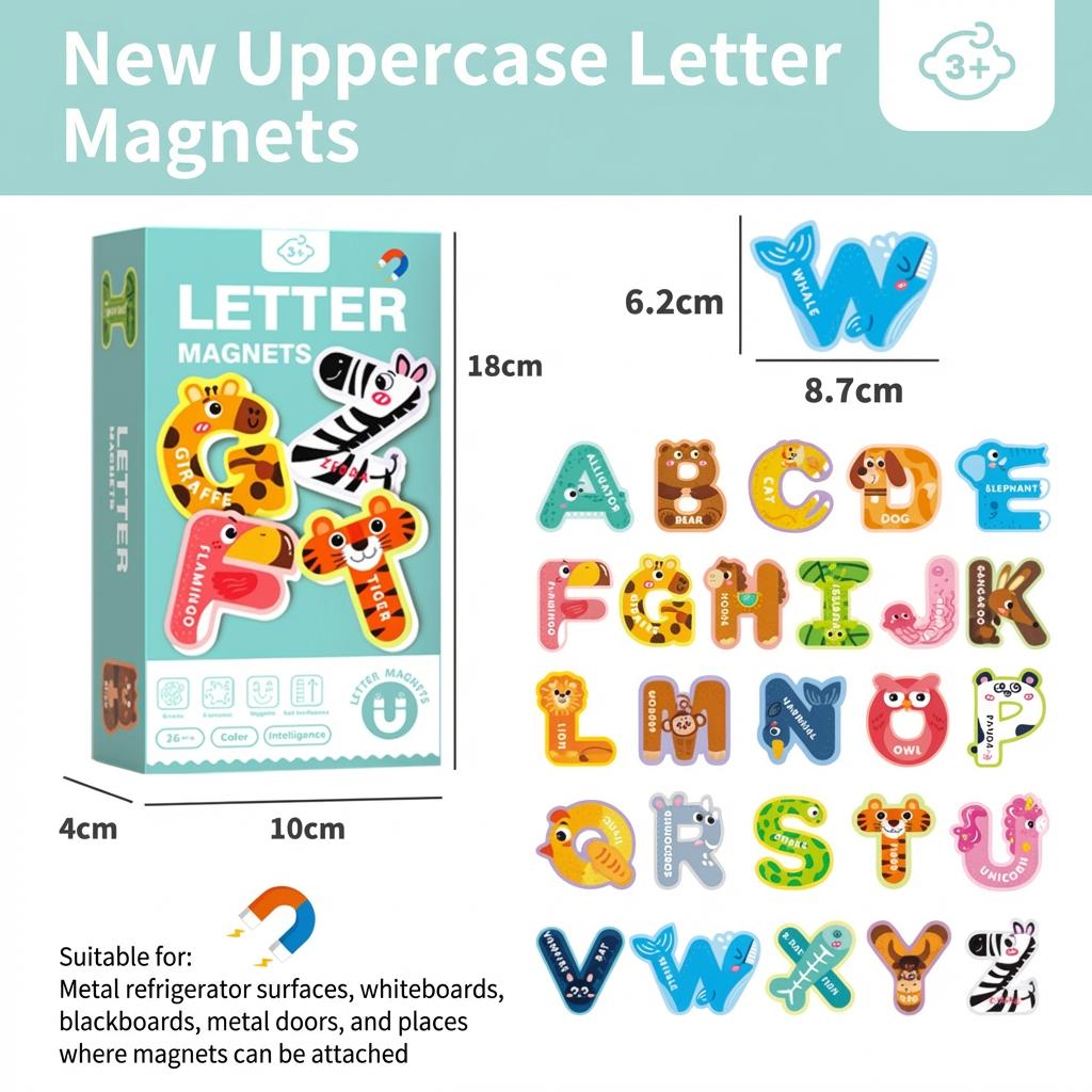 26pcs Chunky Animal Alphabet Magnets - Large Uppercase EVA Foam Letters - Cute Zoo Theme ABC Learning Set for Whiteboard Colorful Read and Rhyme Flip Books preschool toys  Card Reader for Kids Talking  Cards Set Interactive Flash math fidget parenting