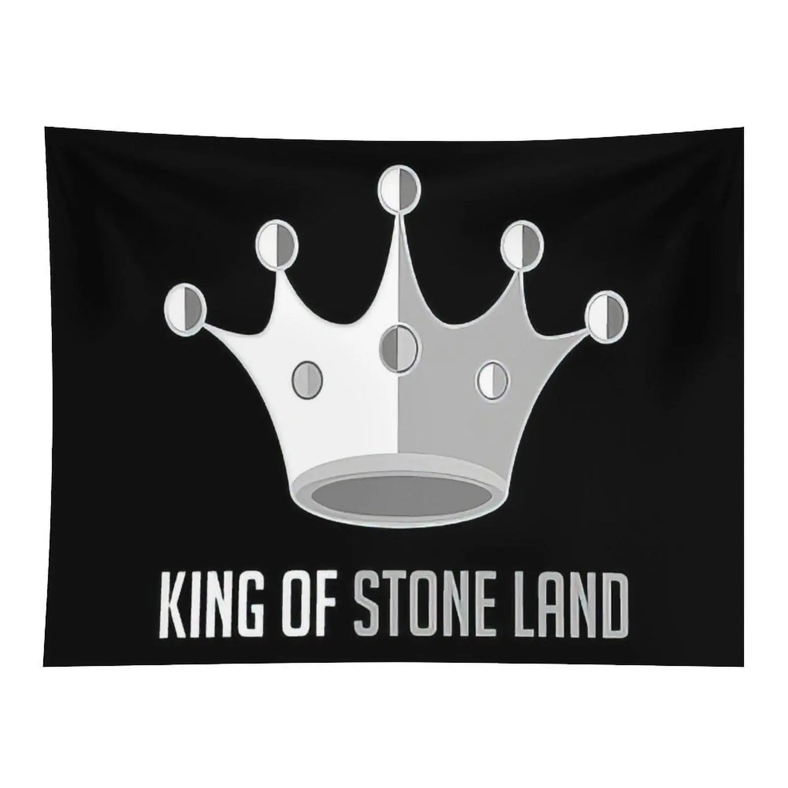King Of Stone Land Crown Graphic Wall Tapestry Minimal Silver Crown Logo Bold Black Background Modern Art for Man Cave Bedroom Wall Decor