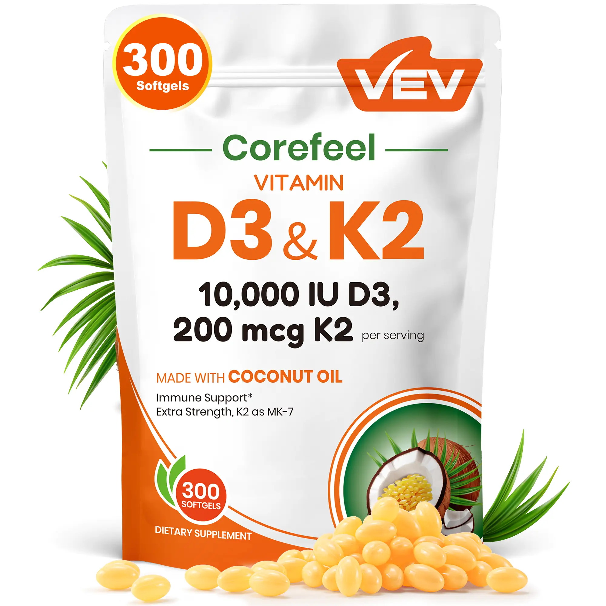 VEV Vitamin D3 K2 10000 IU, 300 Virgin Coconut Oil Softgels, 2 in 1 Vitamins Supplement D & K