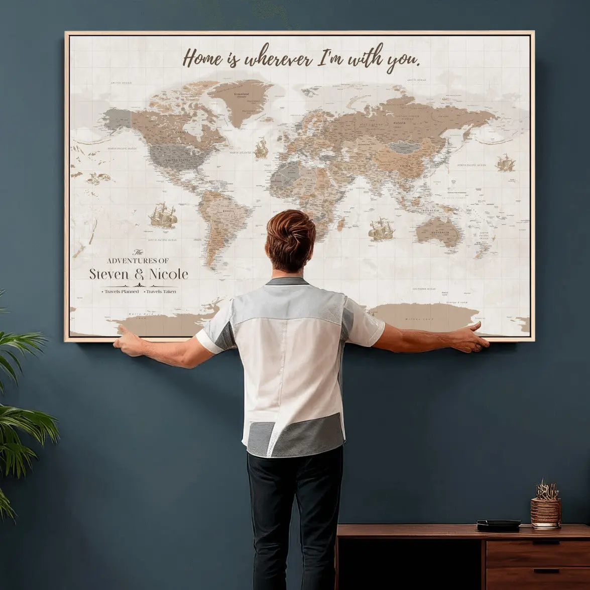 Personalized World Travel Map Wall Art Single Panel Durable Canvas Print - Customizable Bedroom Home Decor, Ideal Wedding Gift