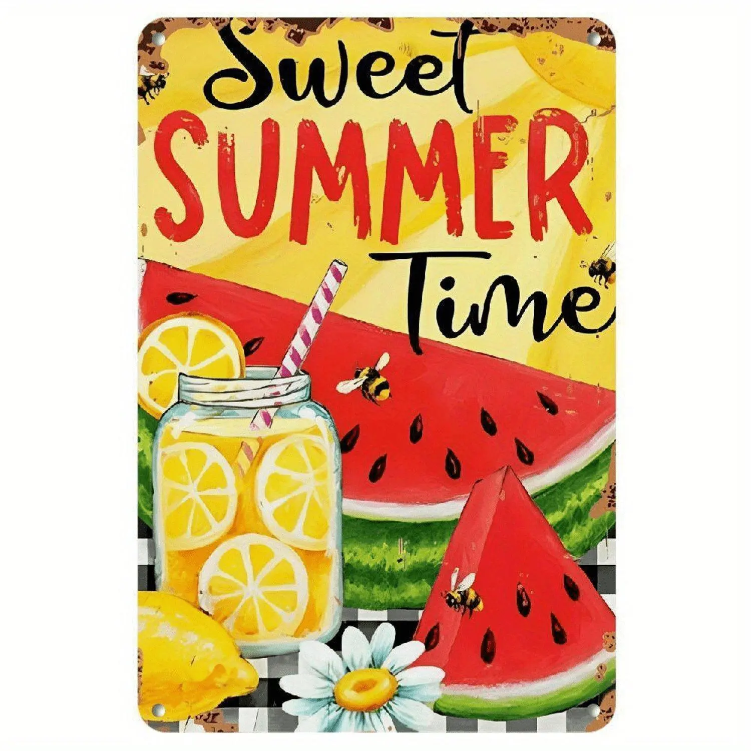 2D Flat, Vintage Summer Metal Wall Plaque - Lemonade & Watermelon Slices with Checkered Border & Sweet Summer Time Text - 8x12 Inch Retro Tin Sign for Home, Cafe, Bar Decor - Lemon, Daisy & Bee Motif - Durable Logo Board Gift