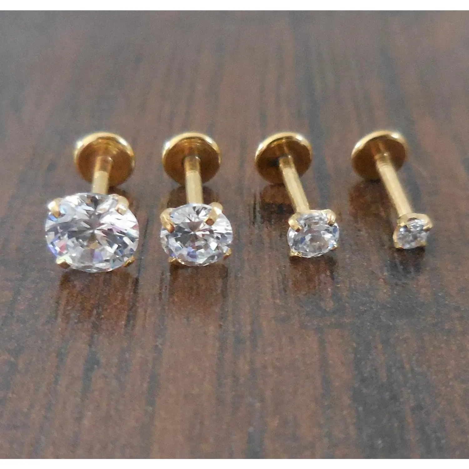 18g 2-5mm Tragus 1/4" 6mm Cartilage Clear Prong Set Cubic Zirconia Gold Tone Triple Helix Piercing Bar Ear Internally Threaded Earrings