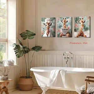 3-Piece Set / Giraffe Wall Art Playful giraffe animal poster with floral background Bathroom decor Modern farmhouse style Frameless wall decor