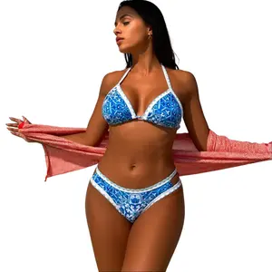 Summer Women's Triangle Swim Top & Contrast Sequin Swim Bottom for Summer, Tie Back Halter Neck Bikini Set, Women's Swimsuit for Beach Holiday, Bathing Suits, Swimsuit Set for Women, Swimsuit Style Bikini