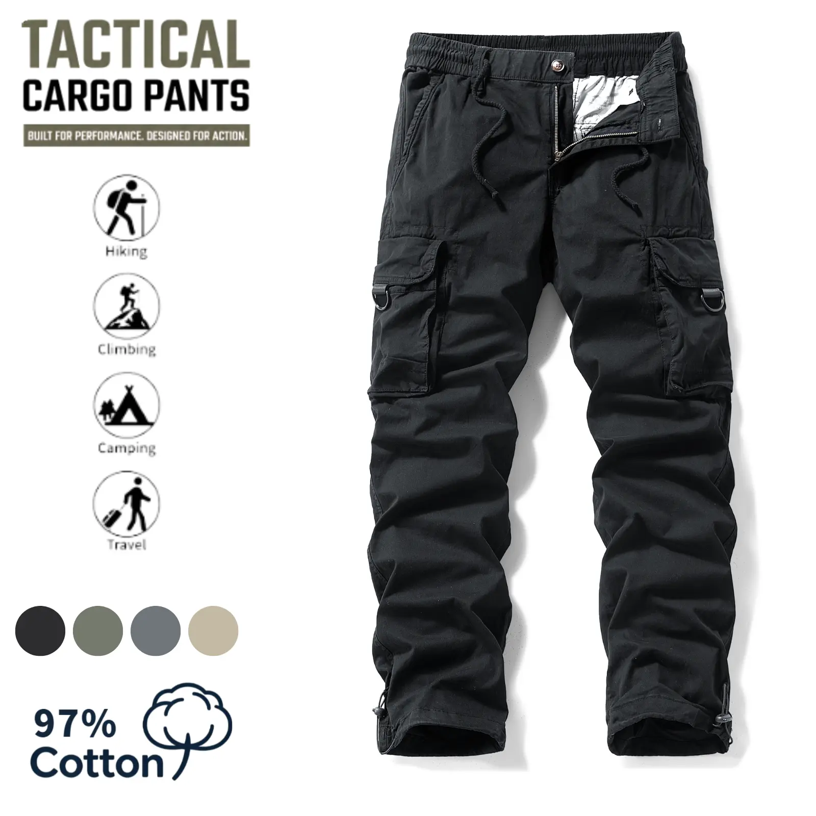 Men’s versatile cargo straight-leg pants with side ring attachments, patch pockets, drawstring waist, retro street style, long trousers