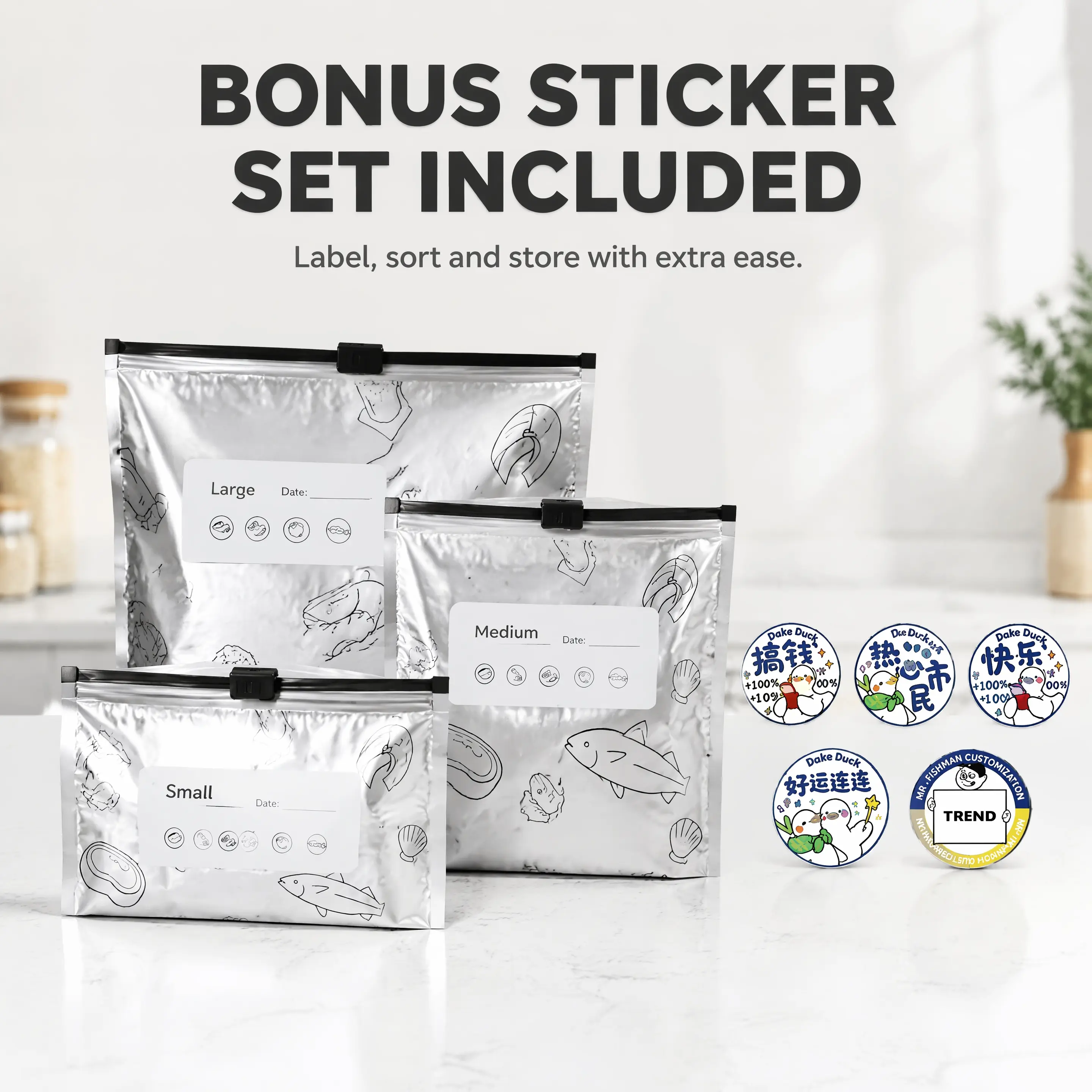 Reusable Aluminum Slide Seal Food Storage Bags, Airtight Freezer Safe Kitchen Storage, 30 Pack with 10 Large 10 Medium 10 Small Bags and 5 Decorative Badges