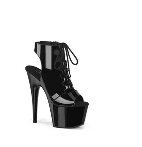 7" Heel, 2 3/4" PF Open Toe/Back Lace-Up Front Ankle Bootie - Blk Pat/Blk
