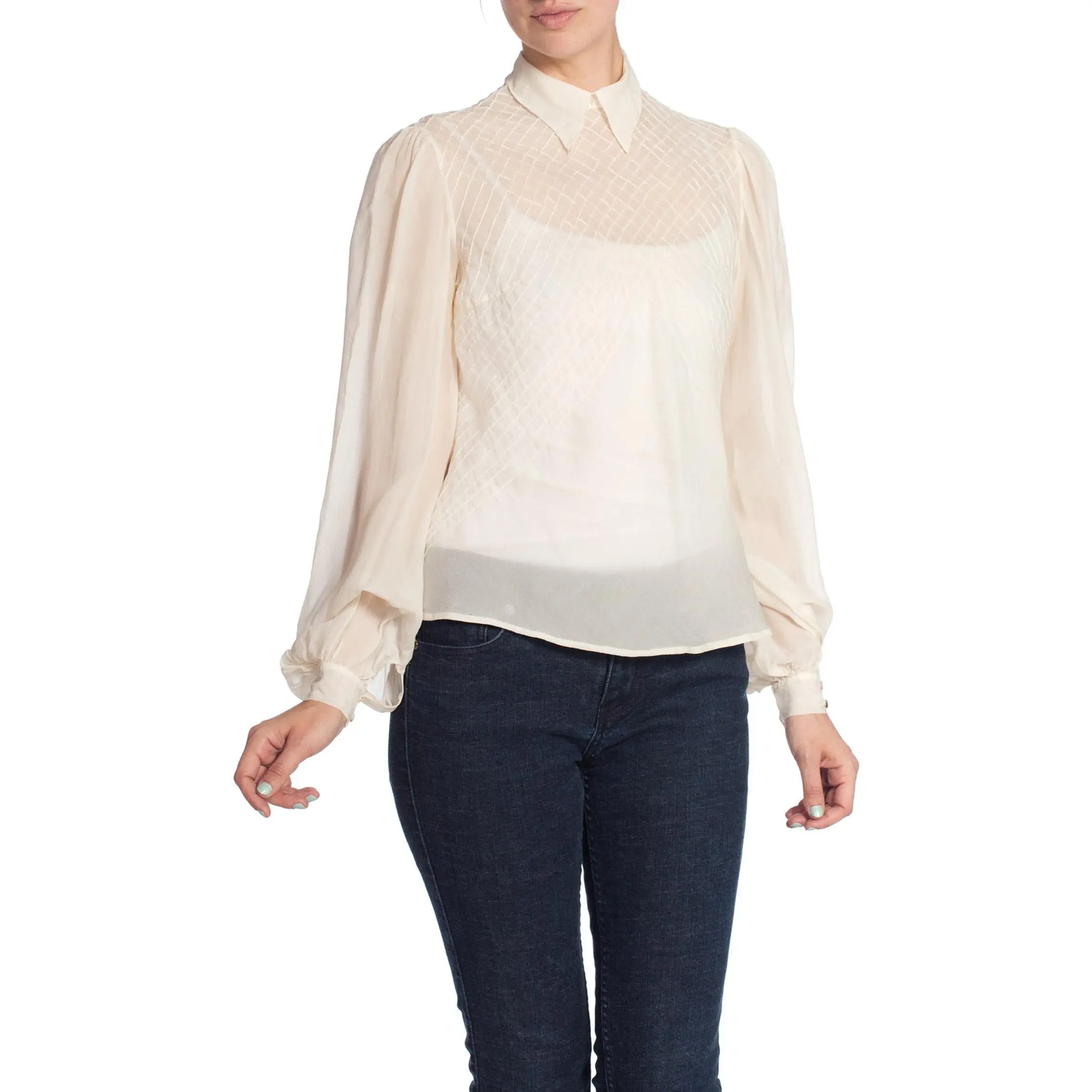 1930S Ivory Haute Couture Silk Chiffon Bias Cut Blouse With Hand Done Art-Deco Pintucks