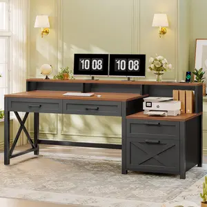 SEDETA 55 Inch Farmhouse Computer Desk with 4 Drawers Power Outlet Gaming Desk with Led Lights Storage Shelves Printer Cabinet