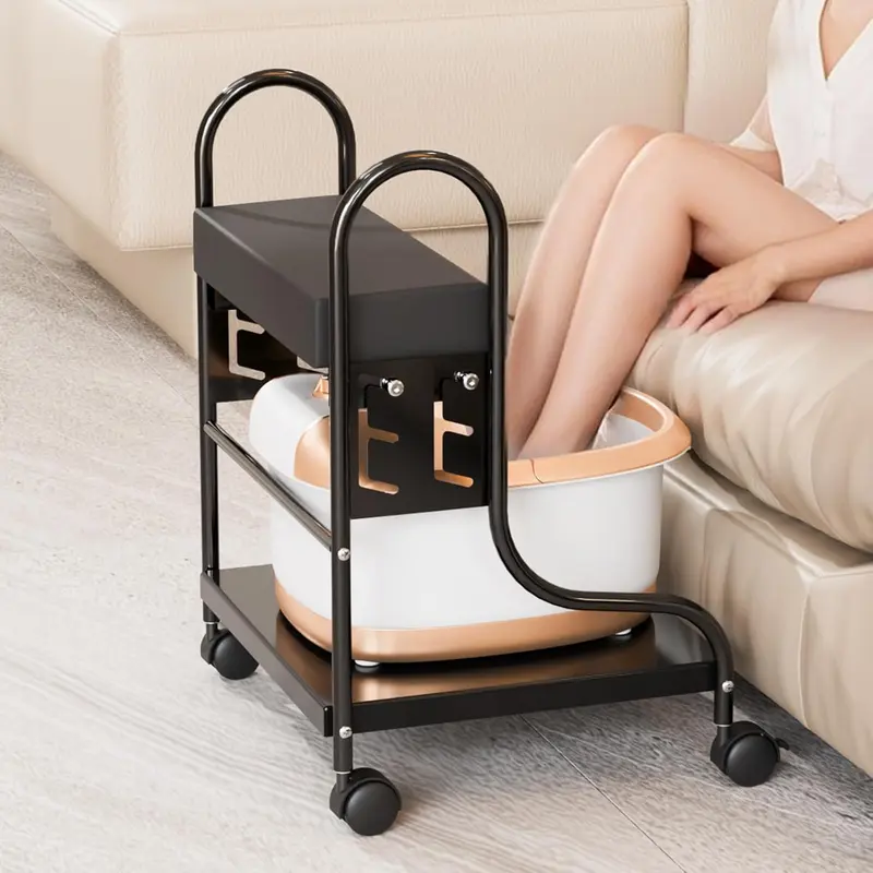 OmySalon Sturdy Rectangular Modern Height-Adjustable Pedicure Cart - Stable Metal Frame, PU Cushion, 360° Swivel Lockable Casters, Portable Commercial Salon/Beauty Spa Furniture for Nail Estheticians (Foot Soaking Tub Not Included)