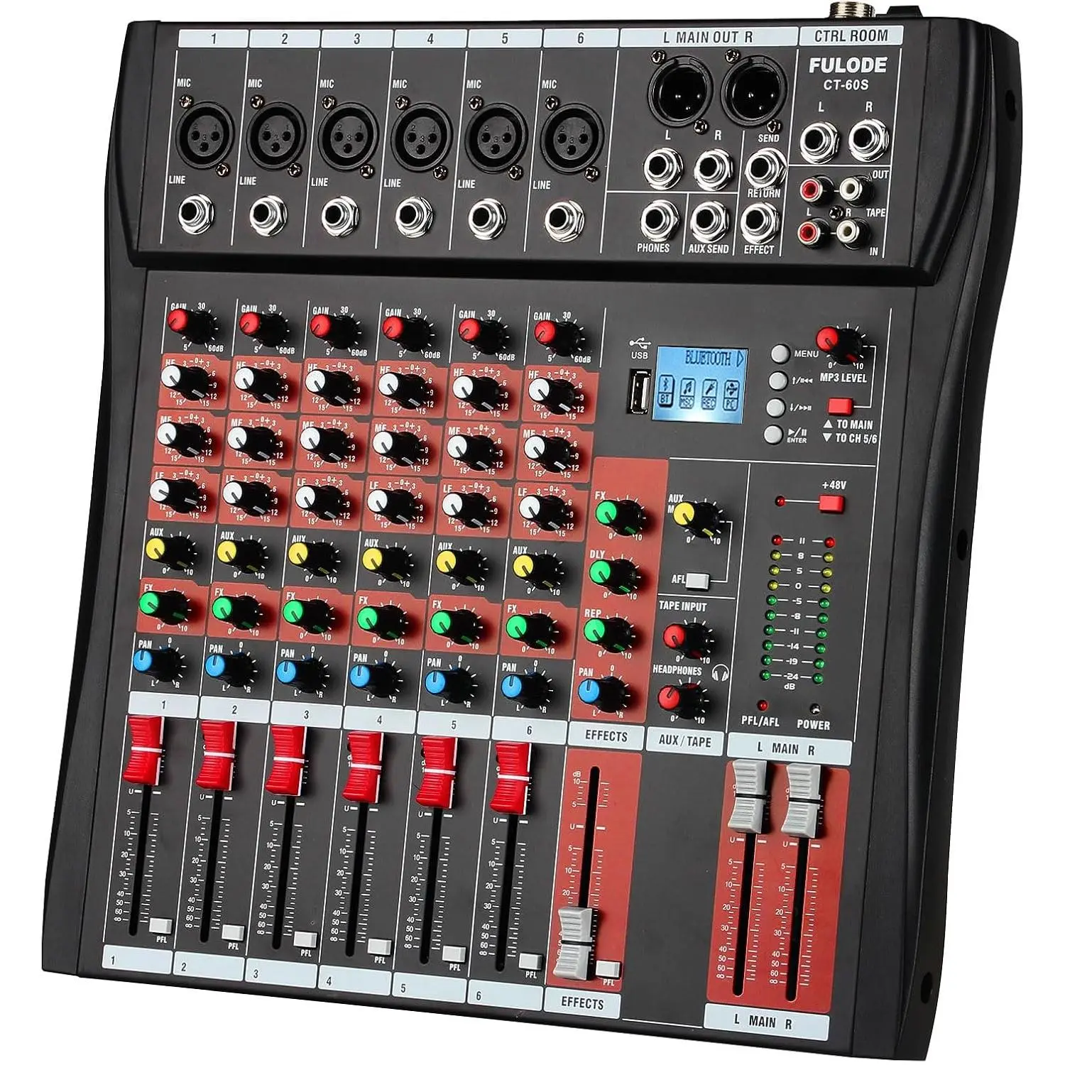 6-Channel Digital Compact Ultra-Thin Built-In Amplifier Set, Podcast Equipment Kit with 48V Phantom Power, Reverb, 5.0 Bluetooth, MP3 Player, USB Recording Port, Space-Saving Design, Protective Display Film for Live Performances, Studio