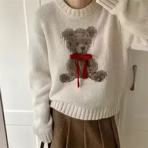 Bear & Bow Christmas Red Sweater, Designer Loose Fit Knit Top. A Sweet & Chic Winter Women's Pullover. Knitwear Womenswear