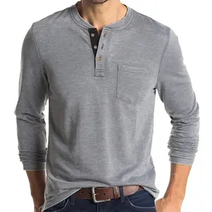 BIGWIG Men's Spring and Autumn Fashion Casual Long-Sleeved Shirt, Basic Crew Neck Button-Up Henley Collar T-Shirt Pullover, Casual Travel Cotton Linen Retro No-Hood Long-Sleeved T-Shirt