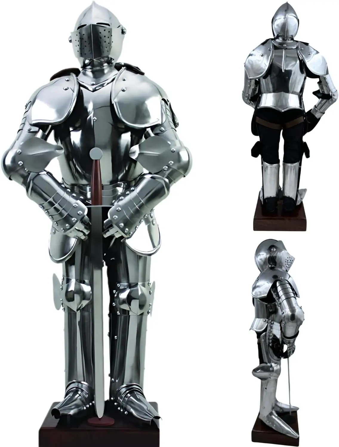 27-Inch Standing Medieval Warrior Steel Mini Knight Statue, Fully Articulated Suit Armor with Wood Base, Ideal for Office or Living Room Display Decor