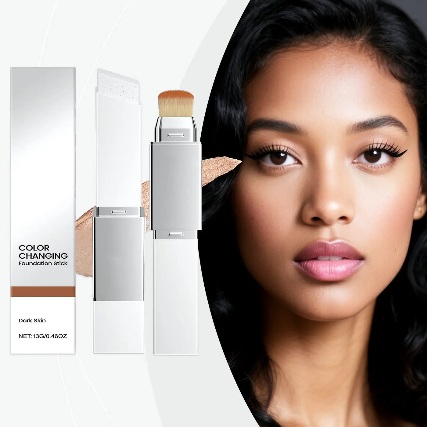 2-in-1 Color Changing Foundation Stick with Blend Brush (Dark Skin Tone) | Deep Shade Self-Adjusting Face Contour & Cover Cream, Non-Greasy Breathable Long-Lasting Hydration Makeup Balm for Rich Complexion