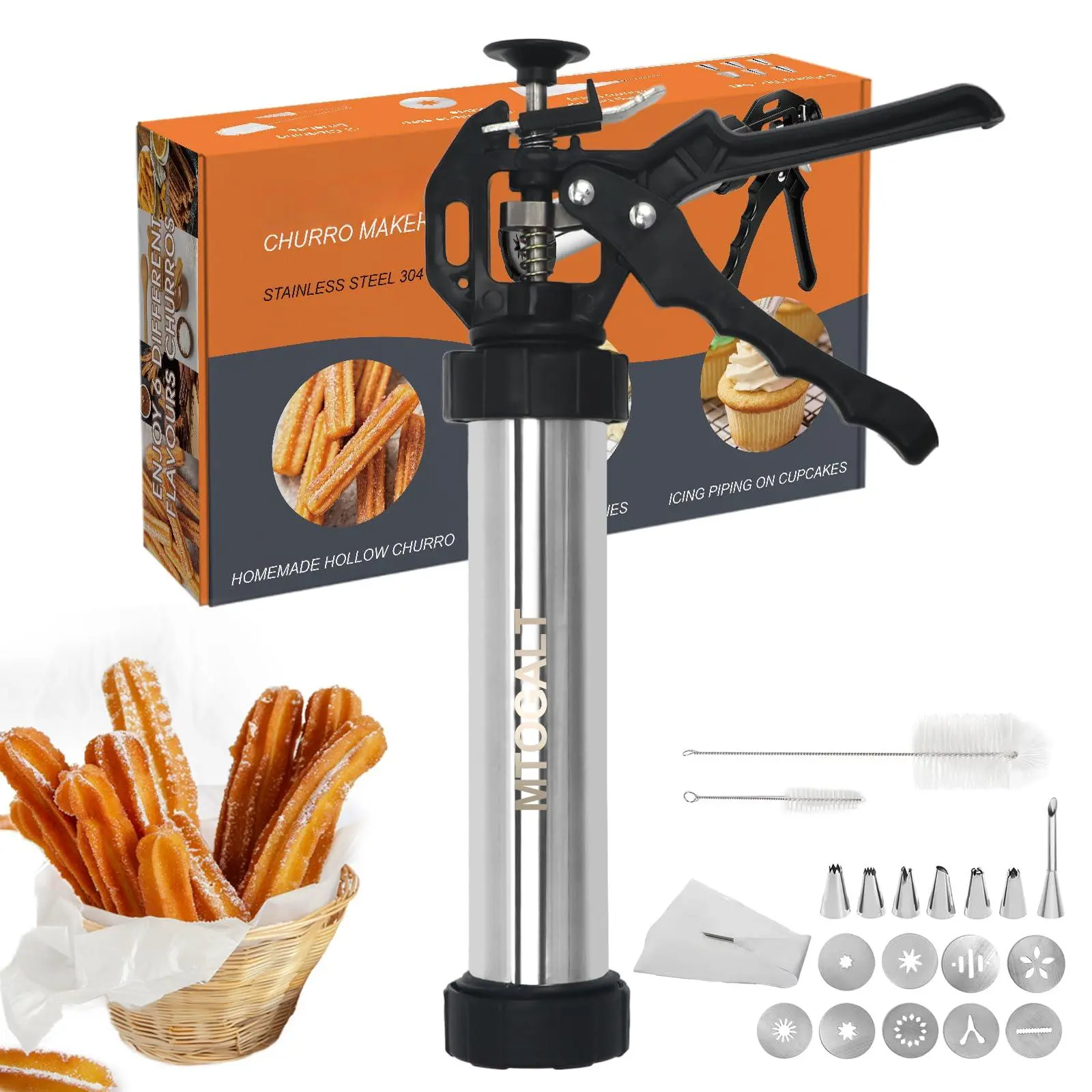 Churro Maker Machine  21-piece Stainless Steel Kit Churros Cookie Press Set Hollow Spritz With Piping Bag Filler 6 Tips 9 Discs 2 Brushes