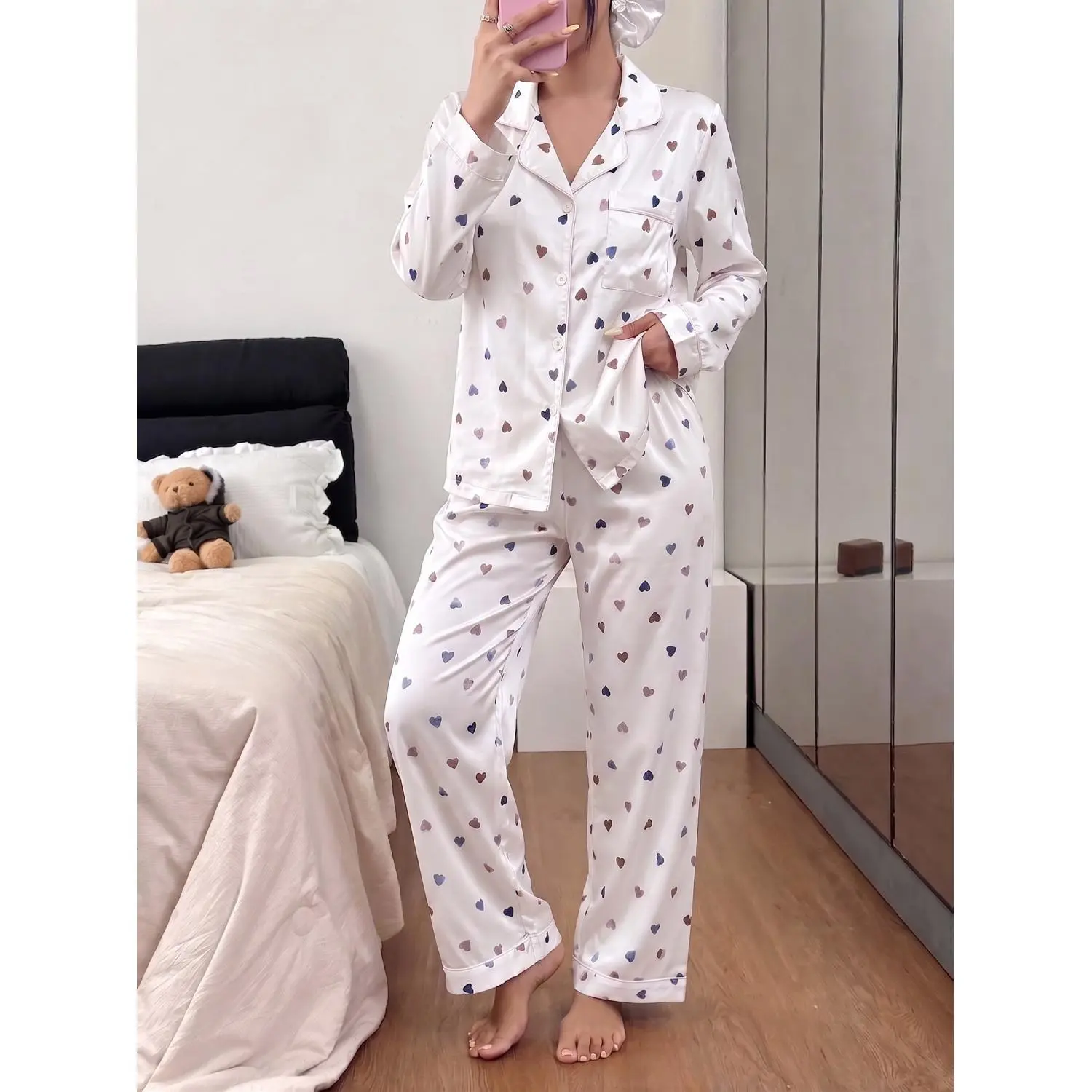 Cozy Women's Loungewear 2-Piece Set, Romantic Heart-Print Cardigan & Long Pants, Casual Button-Up Top with Pockets