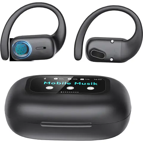 Black Cordless Open Ear Headphones - Multifunctional Earbuds, Electronic Oval Headset, ANC, Bluetooth 5.4, Color Touch Display, Waterproof, HIFI Spatial Sound, ENC, Cable Management, Charging Station, Batteries, Headset for Gaming, Supplier Warr.