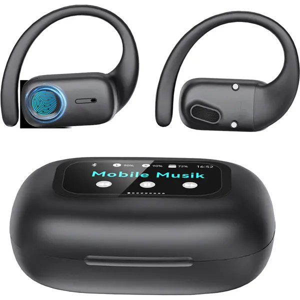 Black Cordless Open Ear Headphones - Multifunctional Earbuds, Electronic Oval Headset, ANC, Bluetooth 5.4, Color Touch Display, Waterproof, HIFI Spatial Sound, ENC, Cable Management, Charging Station, Batteries, Headset for Gaming, Supplier Warr.