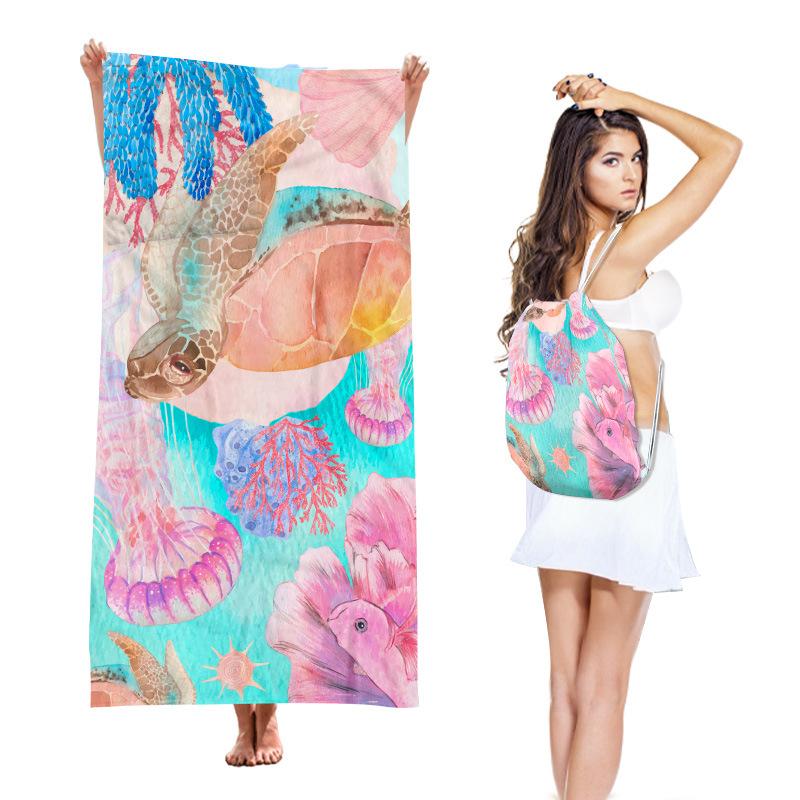 Two-in-One Beach Towel Backpack, Foldable Beach Towel Storage Bag, Microfiber Printed Beach Towel Yarn