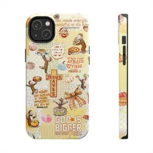 Cute Christian Jesus & Curious George Monkey Collage Case for iPhone 11-16 Pro Max, Bible Verse Cartoon, Shockproof Protective Phone Case, Gift for Girls & Women