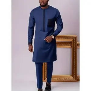 African Dashiki Men'S Suit, Long Sleeve Top, Shoulder Zipper, Round Neck, Hem Slit, Elastic Pants, African Clothing, Large Size Men'S Suit, Men'S Casual Shirt And Trousers 2-Piece Suit, New Style For All Seasons, Blue Fathersdaygift Menswear