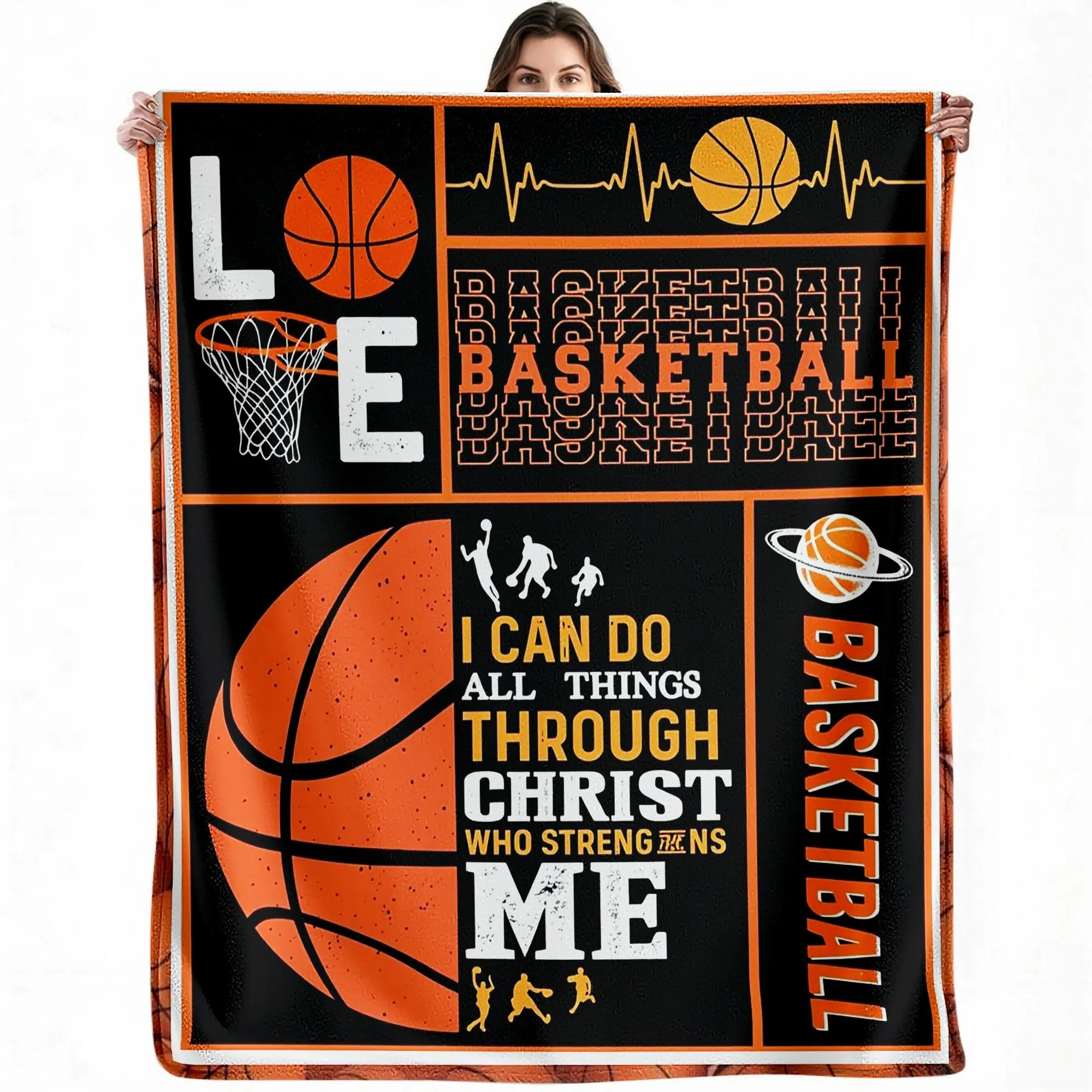 Basketball Flannel Fleece Blanket, Love Basketball & Christian Quote “I Can Do All Things Through Christ”, Soft Warm Throw for Couch Sofa Bed, Athlete Gift Blanket