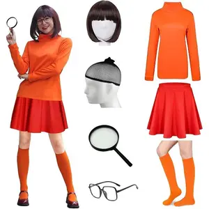 Halloween Costumes Woman 2024 Orange Turtleneck Top,Red Skirt,Brown Bob Wig,Magnifying Glass,Socks and Glasses