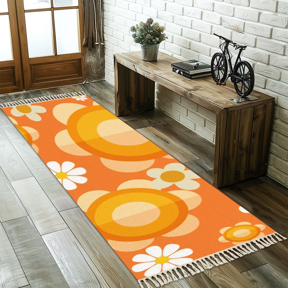 Retro 60s Mod Daisy Orange Sunshine Daisy Tassel Rug