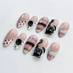 3D Black Cat Press On False Nails - Pink Polka Dot, Plaid Design, 3D Button Charm, Cat French Tip for Nail Art Decoration