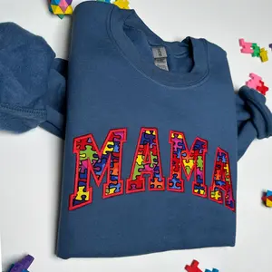 Autism Embroidered Mama Crewneck Sweatshirt Long Sleeve Womenswear