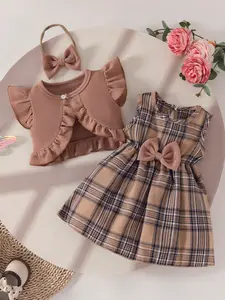 Cute Outfit For Toddler Girls, Bowknot Decorated Plaid Dress With Short Ruffle Sleeves And Vest Set, Baby Girl Spring/Summer 3-Piece Outfit