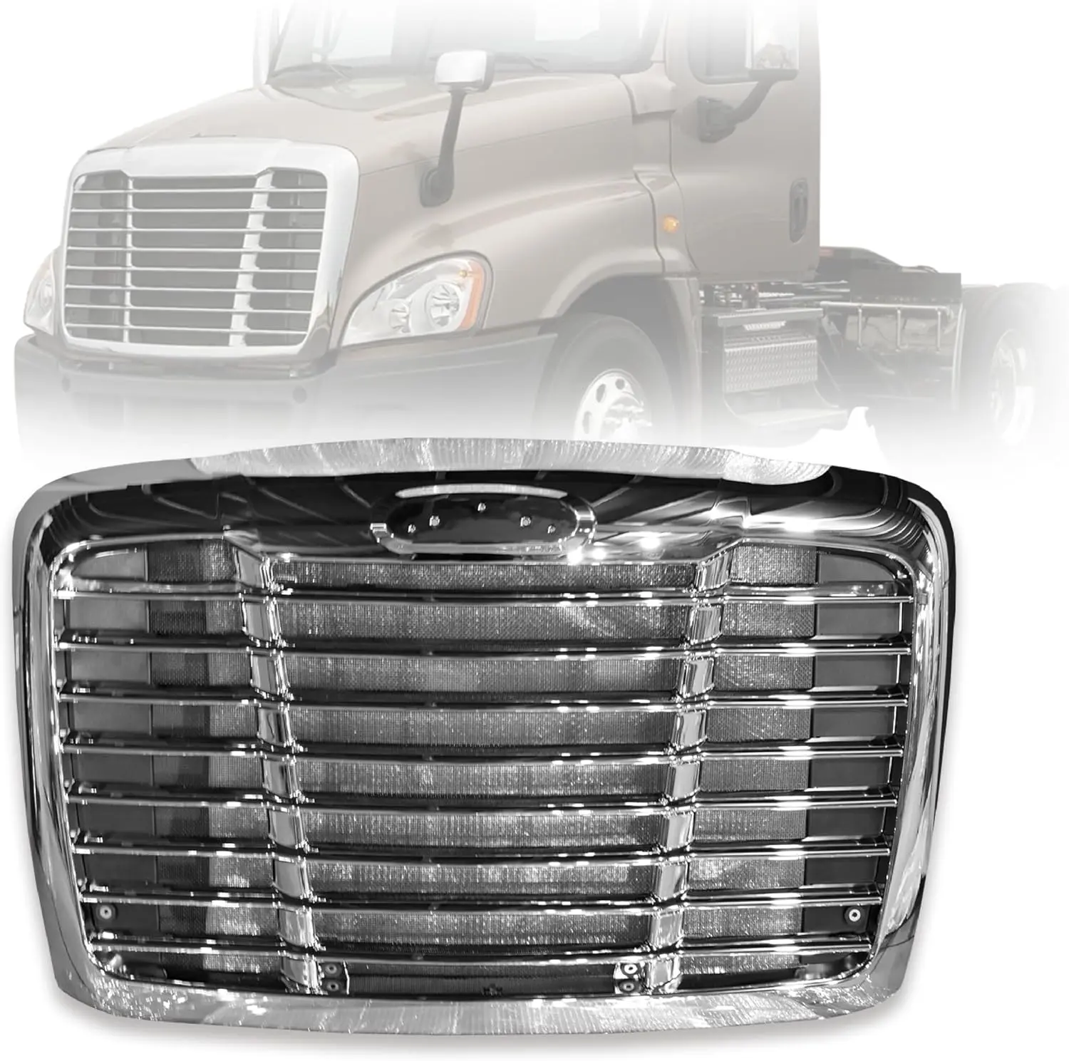 Front Bumper Grille Mesh with Bug Screen Fits 2008-2017 Freightliner Cascadia - ABS Truck Replacement (Chrome / Black)