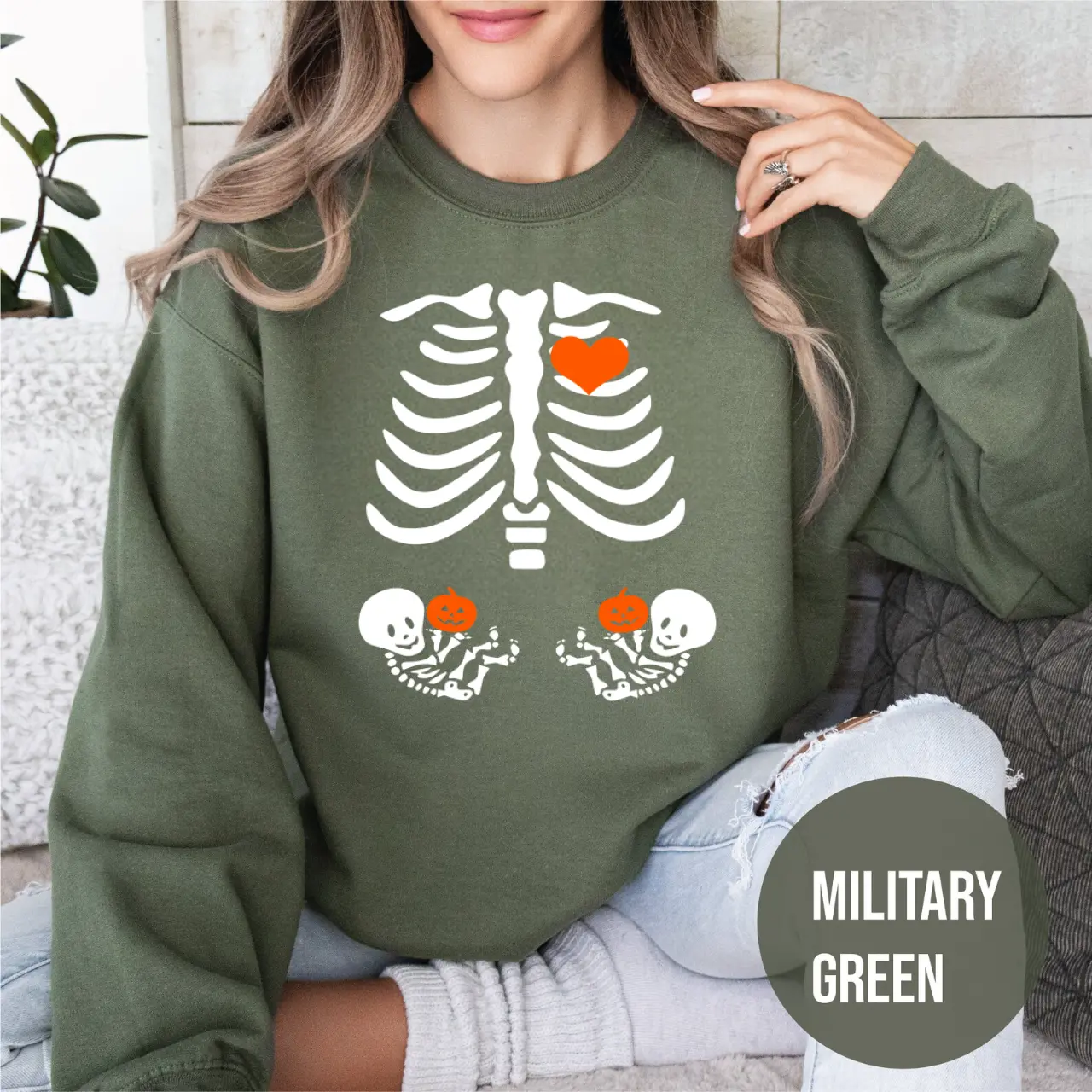 Skeleton Halloween Twins Maternity Sweatshirt – Funny Pregnancy Announcement Sweater, Cute Pregnant Mom Costume 2026