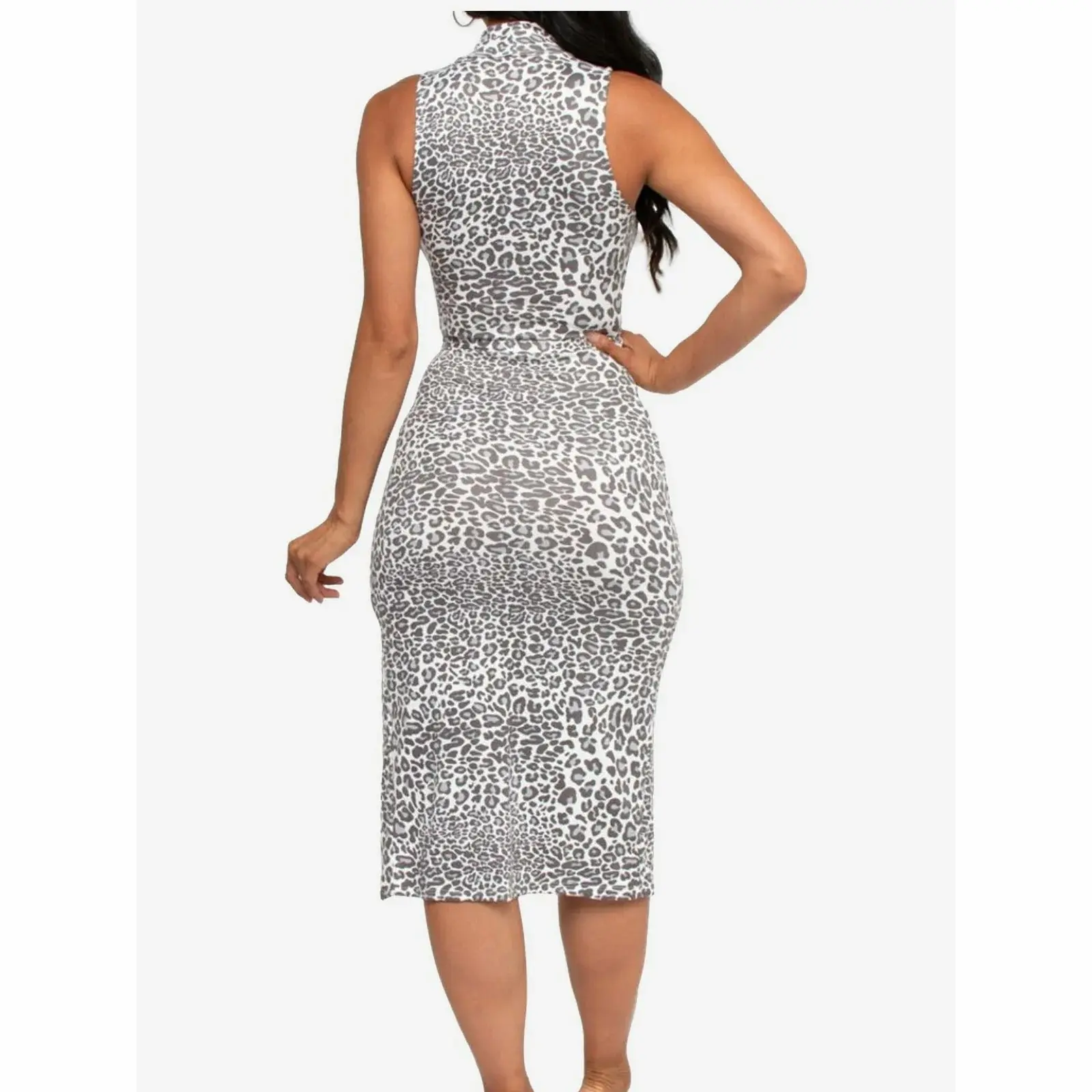 Women's Ivory Cheetah Print Tank Top Midi Dress - Side Slit Detail