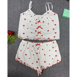 Sexy Sleepwear Women Pajamas Set Heart Print Silk Stain V-Neck Sleeveless Casual Cami Top and Shorts Sets Home Suit Loungewear Soft Comfy Sleepwear