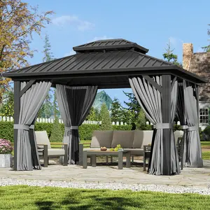 【3 Packages ship separately】Aoxun 12'x10' Hardtop Gazebo Aluminum Frame Galvanized Double Roof Canopy with Netting & Curtains for Garden Patio Storage Shed