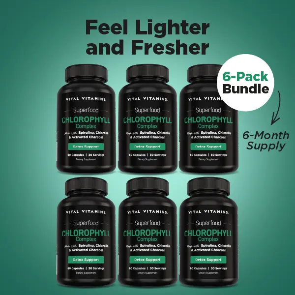 Vital Vitamins Chlorophyll Supplement Bundle – 6-Month Supply – Body Deodorizing Capsules with Spirulina, Chlorella, Parsley, Mint & Activated Charcoal – For Women & Men – 360 Capsules