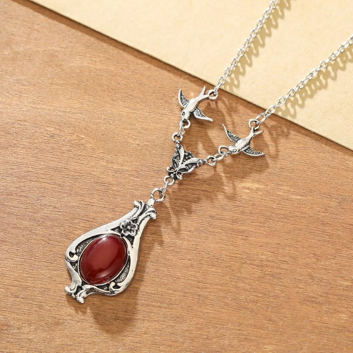 Short Pendant Necklace with Carnelian Gemstone, Vintage Swallow Bird & Butterfly Motif in Aged Bronze, Retro Ethnic Victorian-Era Jewelry for Women, Copper, Daily, Animal, Casual, Women's Fashion, Collectibles