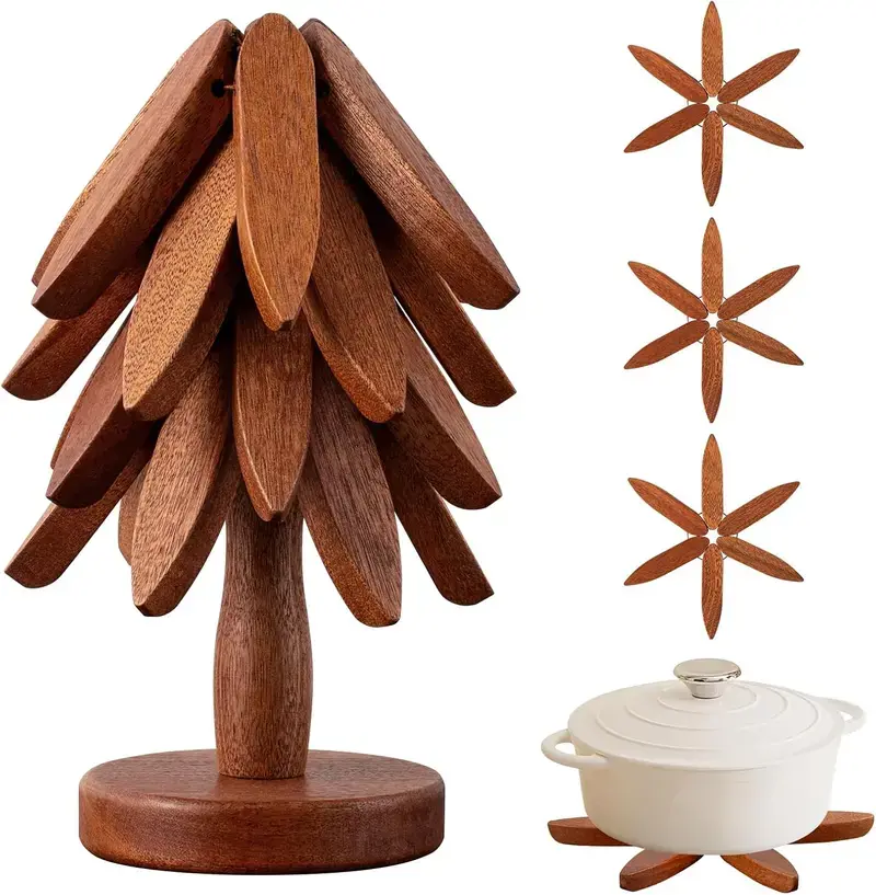 Natural Tree Trivet Set - 4 Wooden Trivets & 1 Stand - Heat Resistant Foldable Design - Durable & High - Tree Shape Trivets for Hot Dishes - Multi-functional Use - Special Texture - Interesting Gift for Christmas