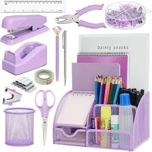 13-in-1 Office Desk Organizer Set with Stapler and Tape Dispenser, Pen Holder, , Ruler, Hole Punch, 2 Pens & More Desktop Accessories for  to School Supplies (Purple)