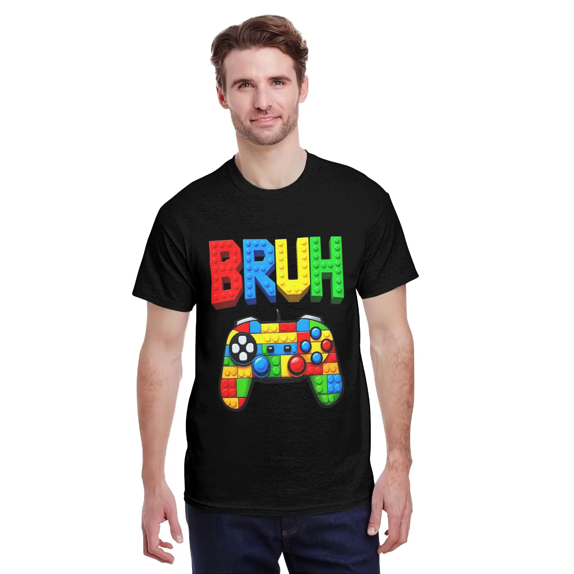 Men'S Unisex Gamer Brick Builder Bruh Saying T-Shirt Building Blocks Graphic Crew Neck Tee Suitable for Daily Wear Fitness Outdoor Casual Gaming Apparel Machine Washable
