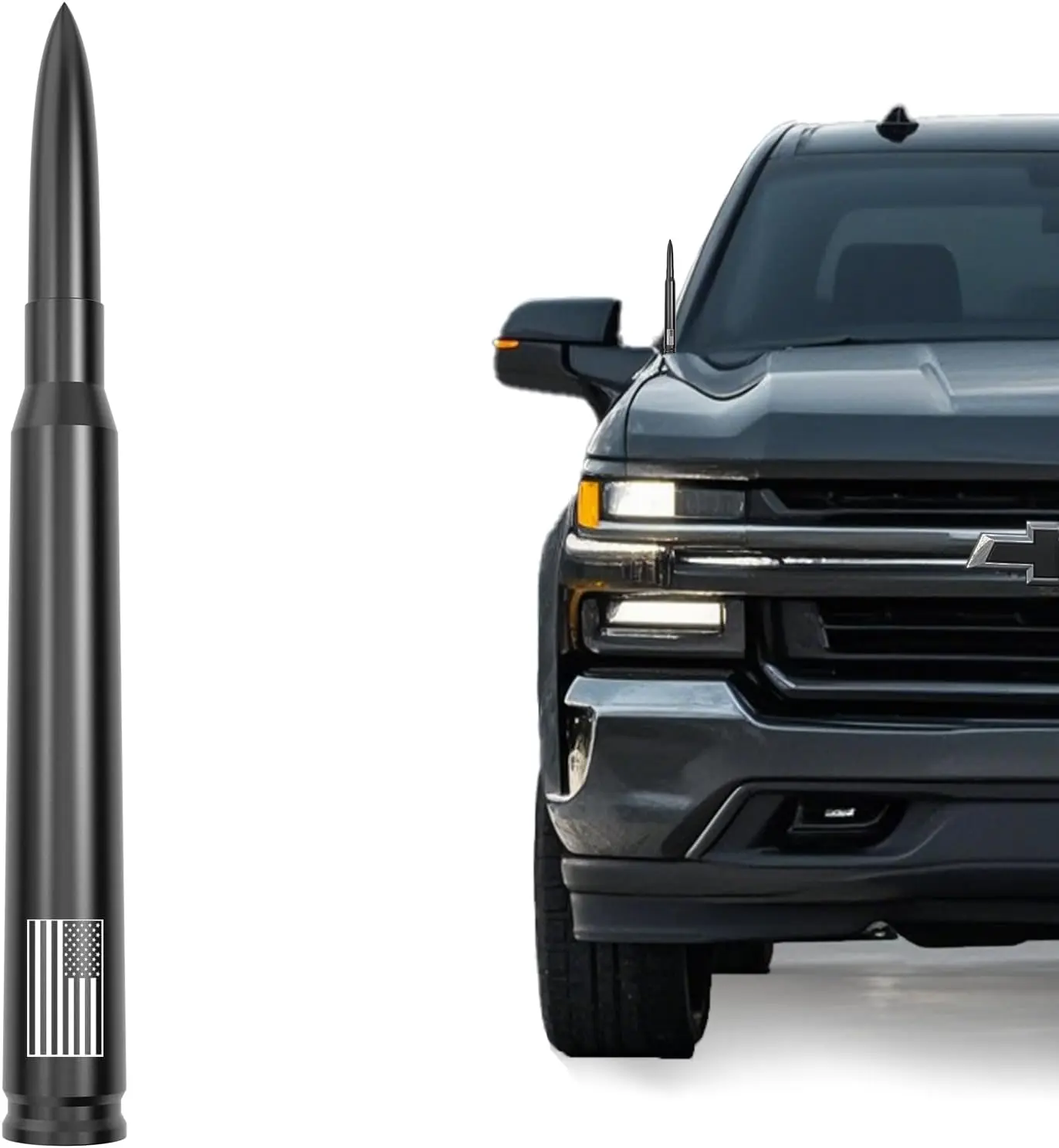 7 in Rubber Bullet Antenna with Flag Face Adjust for GM Chevy Silverado (Redline, High Country, ZR2), GMC Sierra 1500-3500 HD, Avalanche, Denali - Metal-Aluminum Build, Threaded Bolt, Anti-Theft, Carwash Safe Truck Exterior Accessory Gift