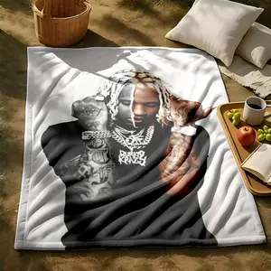 1 piece Rap singer Lil Durk black and white tattooed arm portrait themed flannel blanket - Super soft fluffy flannel blanket, suitable for sofas and beds, all-season use, modern design, digital printing, 100% polyester material, machine washable