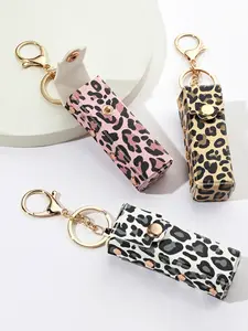 Leopard Print Metal Rivet Wallet Keychain, PU Leather Key Chain Phone Bag Hanging Accessory, Stylish Key Ring for Bags and Phones