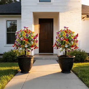 [Upgraded] UV-Resistant Faux Flower Sphere with Sturdy Metal Stake - 1 Pack Large Artificial Floral Topiary for Front Porch, Garden & Outdoor Curb Appeal Decor (Vibrant Colors)